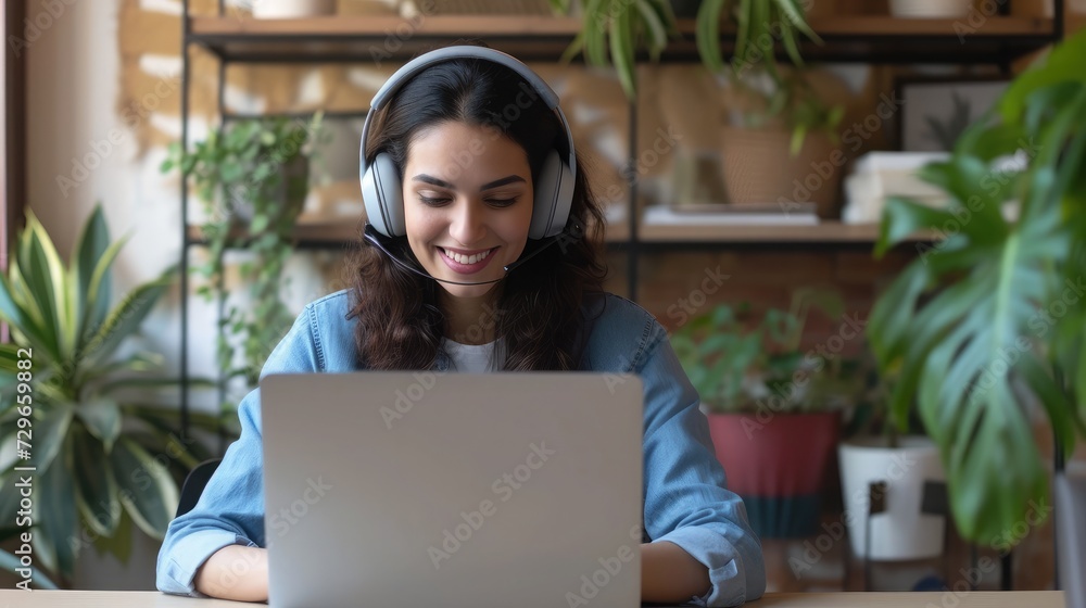Head shot happy young indian ethnicity female manager wearing wireless headphones, looking at laptop screen, holding pleasant conversation with partners clients online Head shot happy young indian ethnicity female manager wearing wireless headphones, looking at laptop screen, holding pleasant conversation with partners clients online