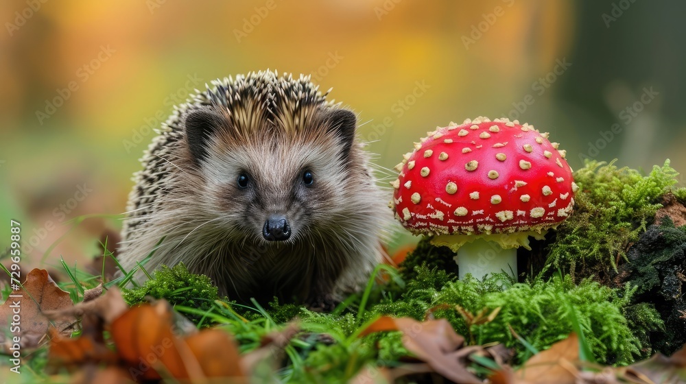 Hedgehog, native, European hedgehog with red Fly Agaric toadstool, and green moss. Facing forward. Autumn or fall. Close up. Horizontal. Space for copy Hedgehog, native, European hedgehog with red Fly Agaric toadstool, and green moss. Facing forward. Autumn or fall. Close up. Horizontal. Space for copy