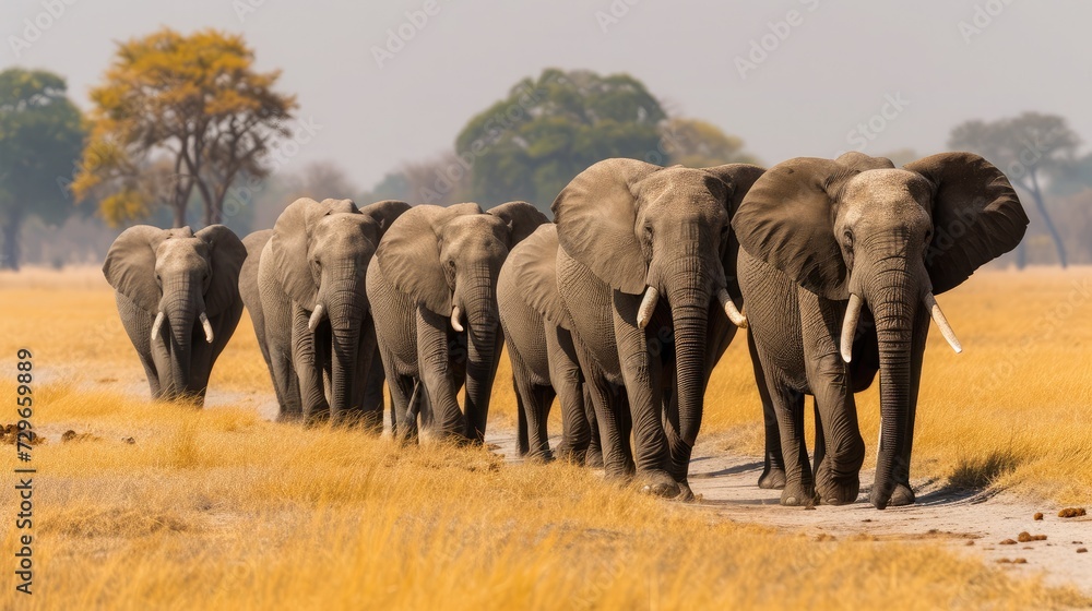 Herd of large African elephants walking