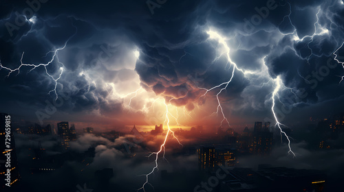 Lightning on the sky, gloomy ominous thunder and lightning background © ma