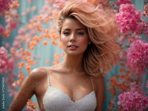 beautiful woman in a wedding dress walks through a pink flower garden, fairytale atmosphere, Generative Ai