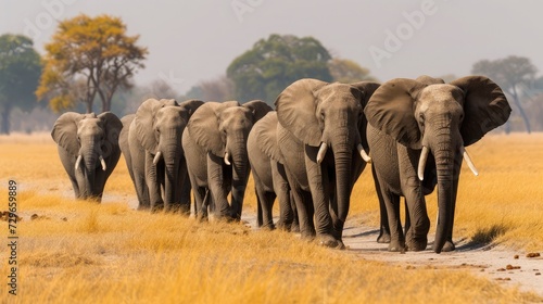 Herd of large African elephants walking