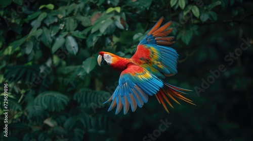 Hybrid parrots in forest. Macaw parrot flying in dark green vegetation.