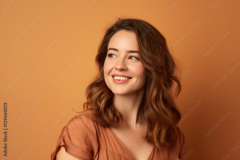 Portrait of a smiling young woman with long wavy hair on brown background Portrait of a smiling young woman with long wavy hair on brown background