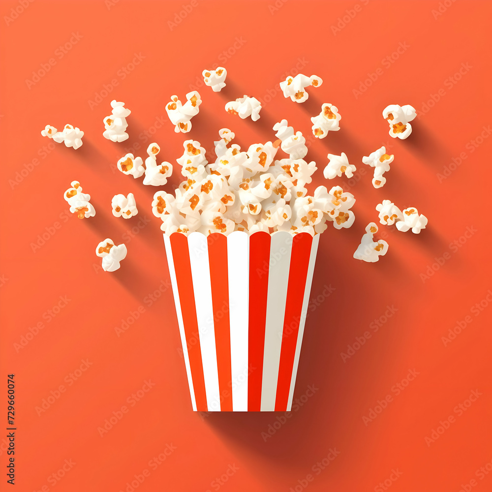 Flat illustration of popcorn in red and white stripes paper glass on a red background. High quality	