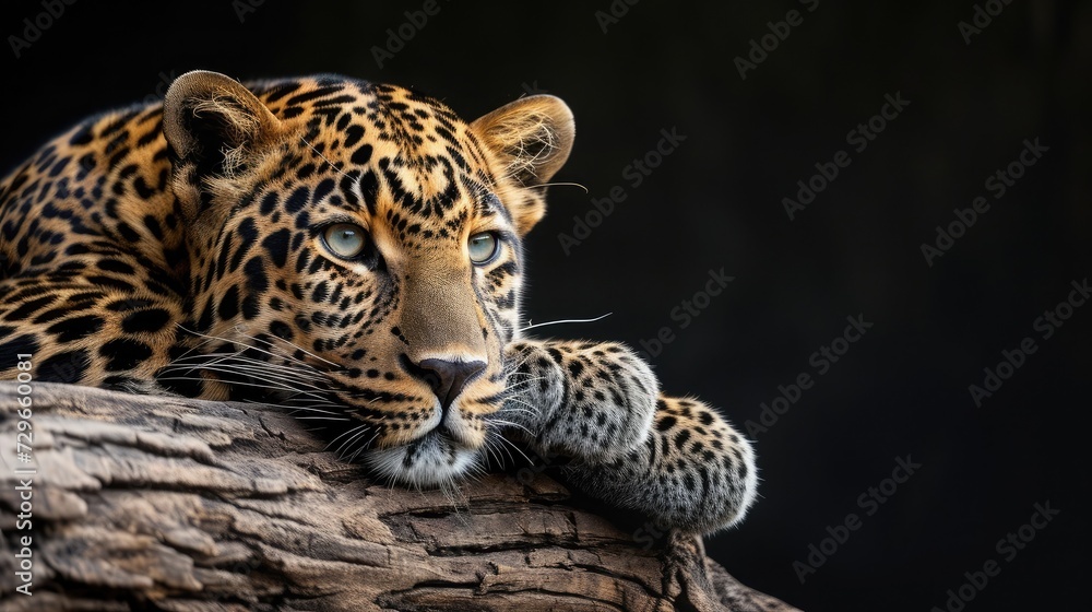 Leopard resting on a log against a black background