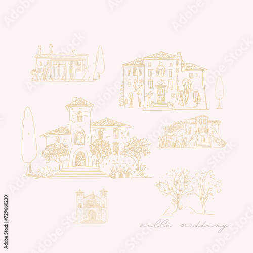 Tuscan Villa or Provence rough sketched abstract set of vector illustration 