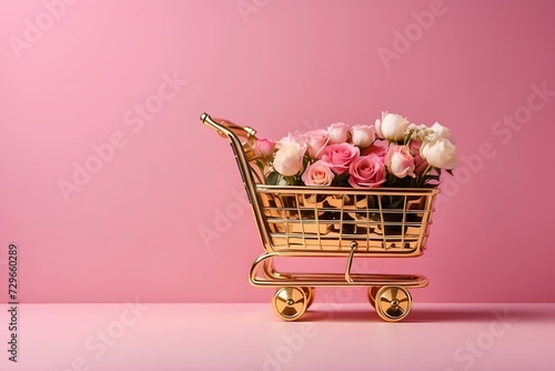 Shopping cart with pink and white flowers on pink background, copy space