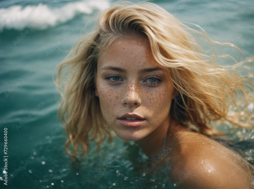 Leave. Relaxation and rest concept. Beauty portrait of a young attractive model swimming in clear sea water. Natural skin care Leave. Relaxation and rest concept. Beauty portrait of a young attractive model swimming in clear sea water. Natural skin care