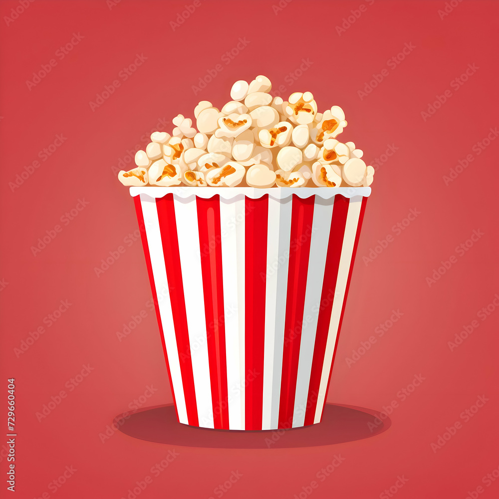Flat illustration of popcorn in red and white stripes paper glass on a red background. High quality