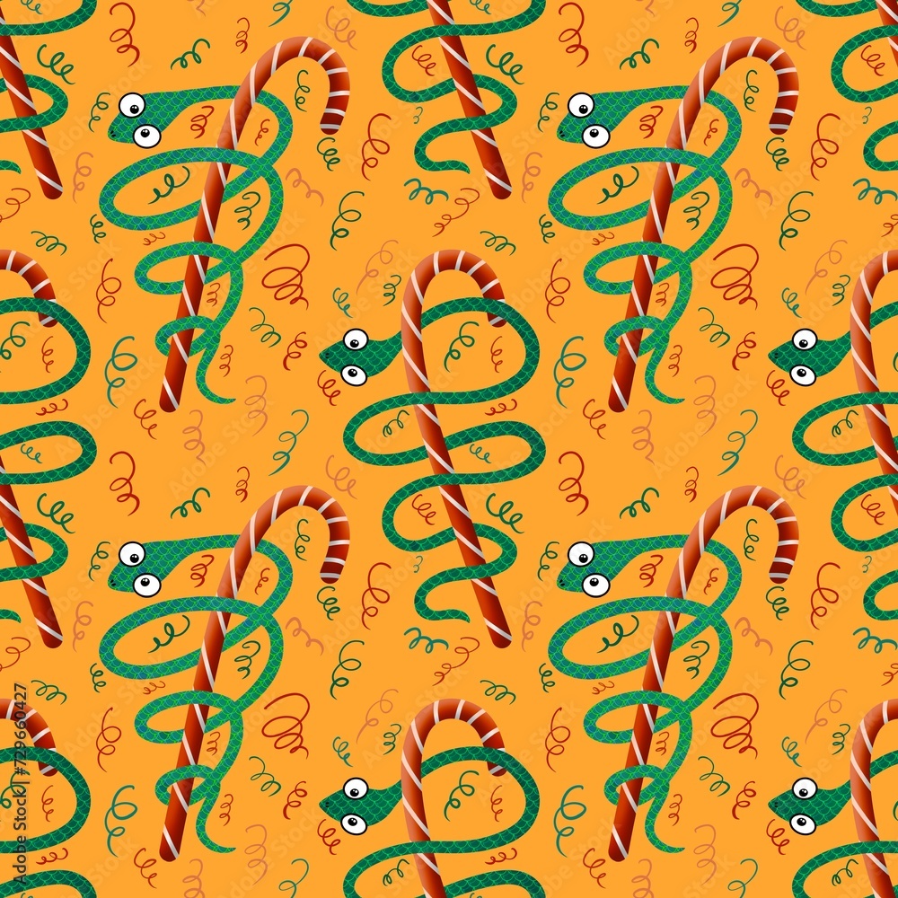 Naklejka premium Christmas animals seamless snake and mint candy pattern for wrapping paper and new 2025 year packaging