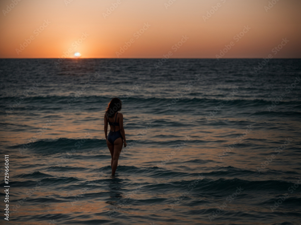 A girl with a magnificent figure at sea. Sexy girl on a wild beach. Girl in the water