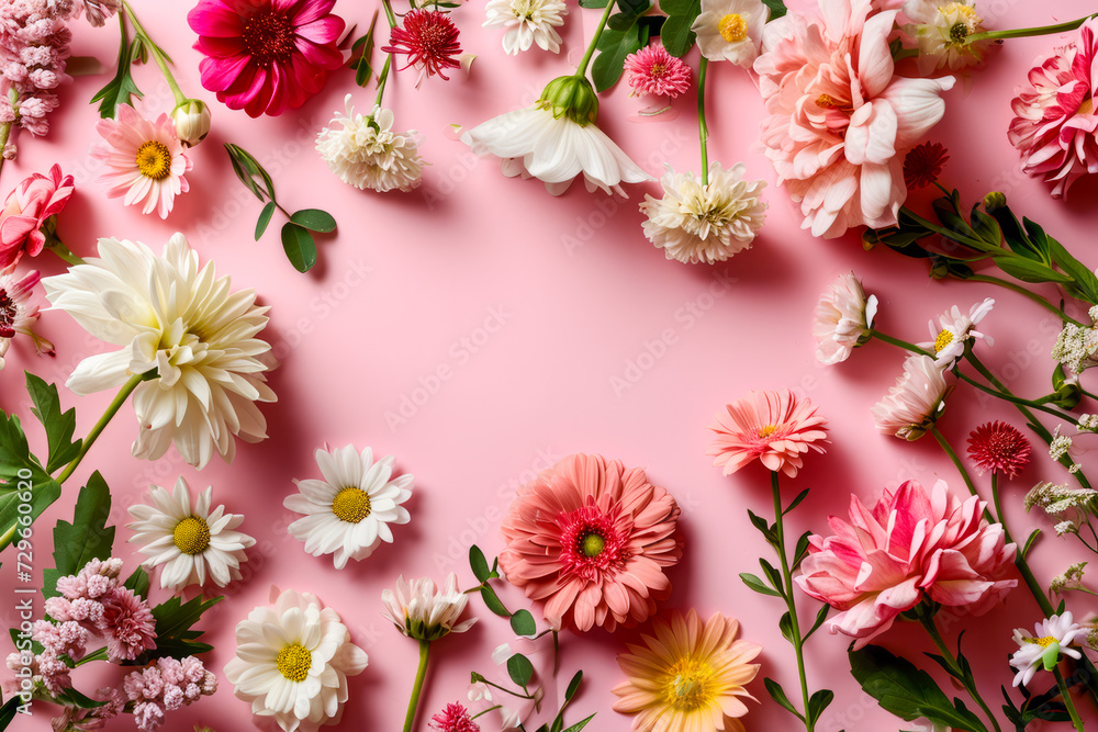 Colorful Flowers Arranged on a Pink Surface