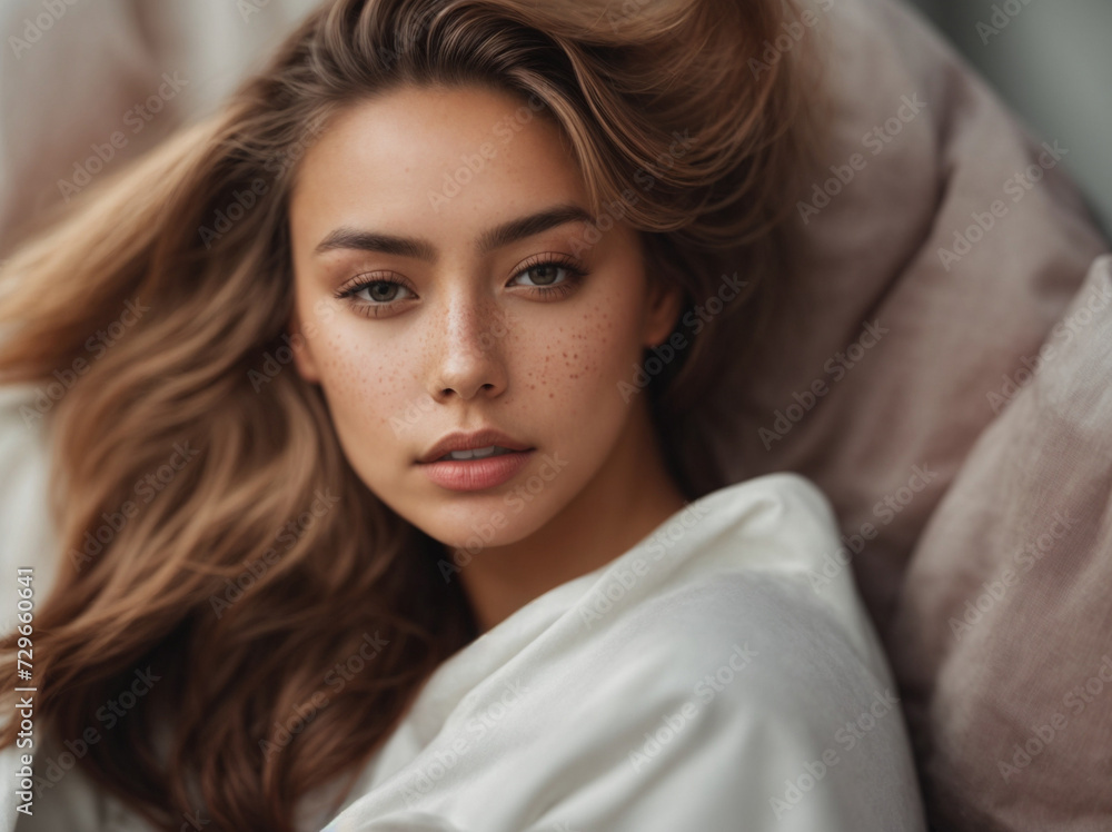 young beautiful woman laying on bed looking at camera portrait sensual young beautiful woman laying on bed looking at camera portrait sensual