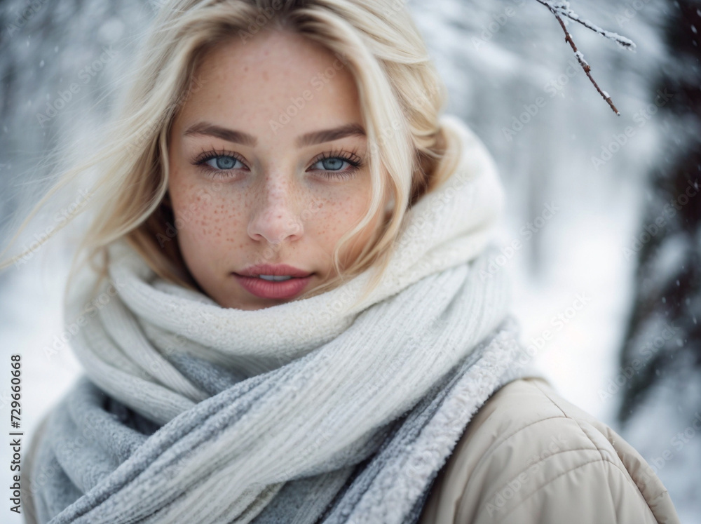 Winter fashion portrait of beautiful light brunette with blue eyes and winter sweater , template, people background, banner Winter fashion portrait of beautiful light brunette with blue eyes and winter sweater , template, people background, banner