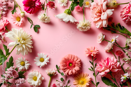 Colorful Flowers Arranged on a Pink Surface
