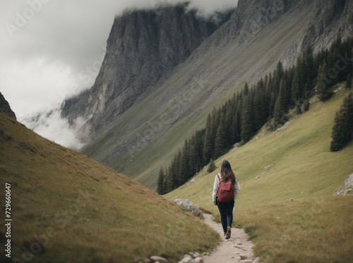 Woman traveler walking along a path in the mountains