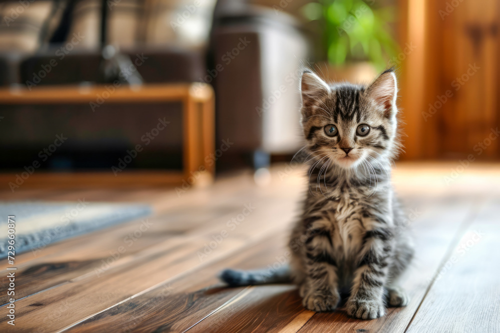 Small Kitten Sitting on a Wooden Floor