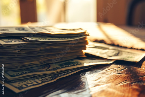 Stack of Money on Wooden Table photo