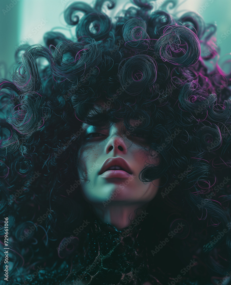 Surreal portrait of a woman with vibrant curly hair, perfect for artistic backgrounds and web design Surreal portrait of a woman with vibrant curly hair, perfect for artistic backgrounds and web design