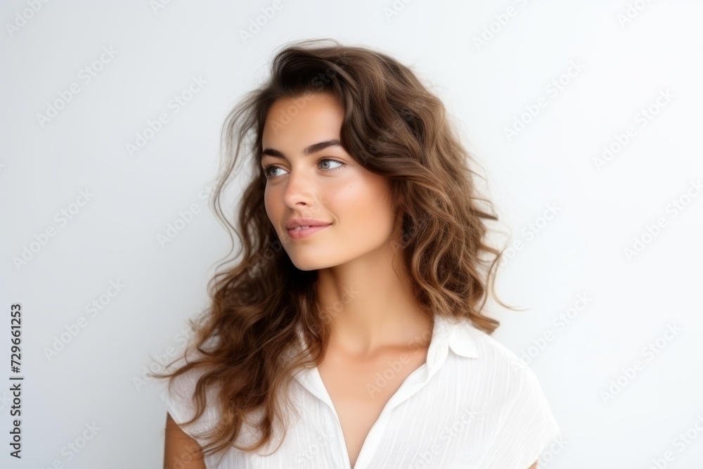Portrait of a beautiful young woman with long curly hair looking away Portrait of a beautiful young woman with long curly hair looking away