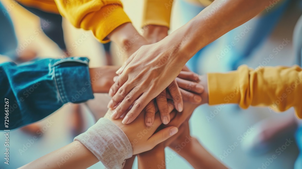 Panoramic Teamwork,empathy,partnership and Social connection in business join hand together concept.Hand of diverse people connecting.Power of volunteer charity work,Stack of people hand.