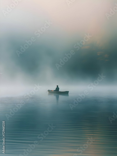 Serenity's calm solitude. Man in the board in the center of the misty lake. High-resolution