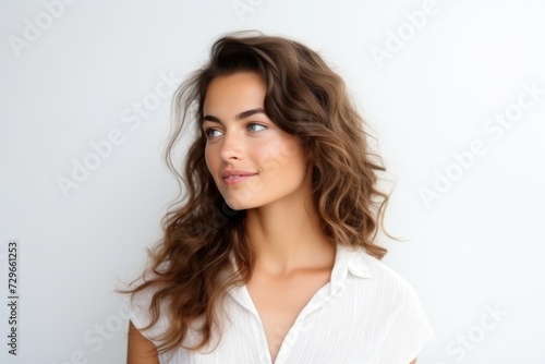 Portrait of a beautiful young woman with long curly hair looking away