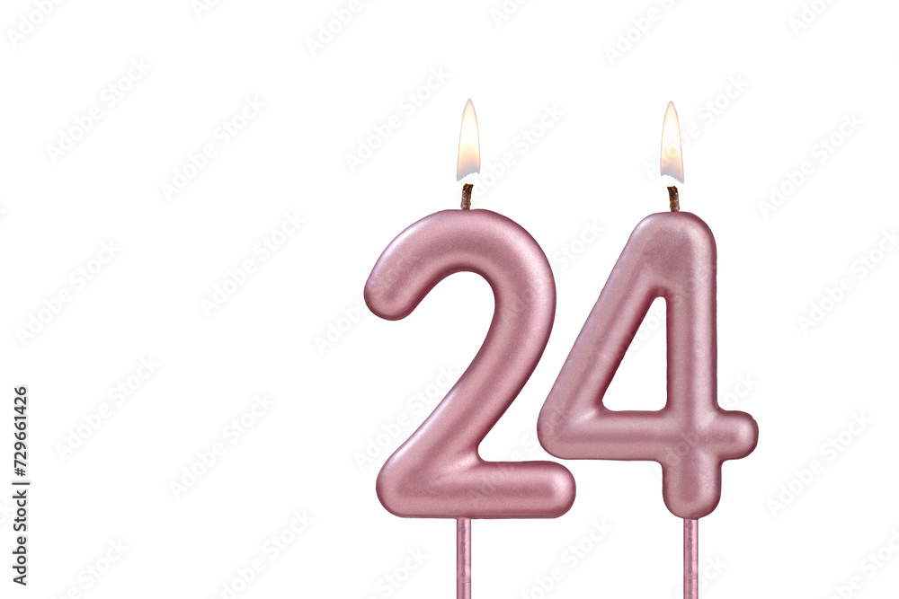 Candle number 24 - Lit birthday candle on white background Candle number 24 - Lit birthday candle on white background