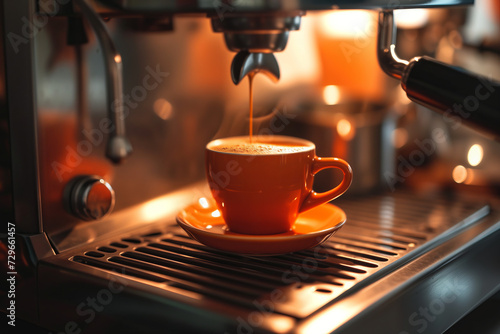 Espresso coffee machine maker on a home kitchen with coffee mug