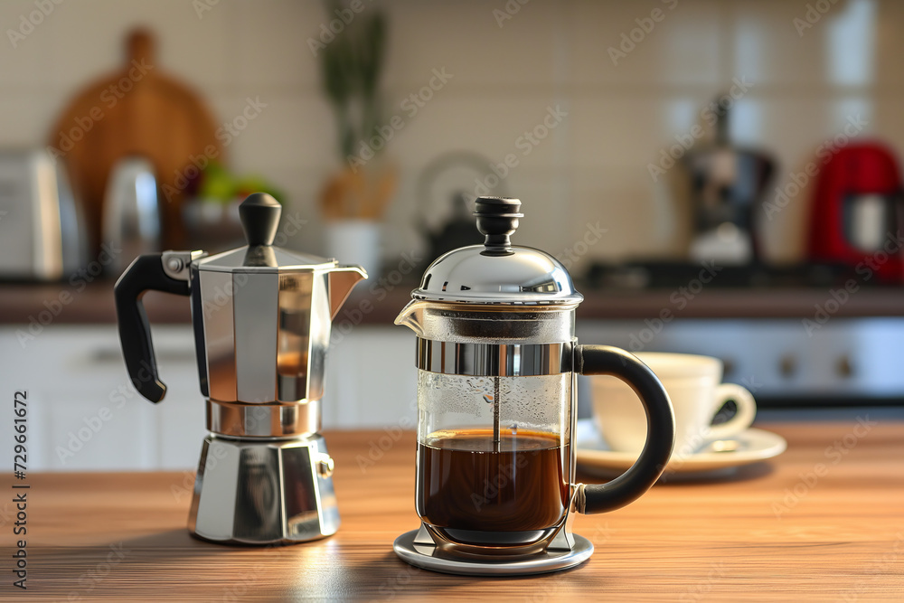custom made wallpaper toronto digitalFrench press coffee maker and moka italian coffee maker side by side on home kitchen