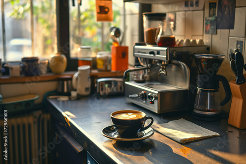 Espresso coffee machine maker on a home kitchen with coffee mug