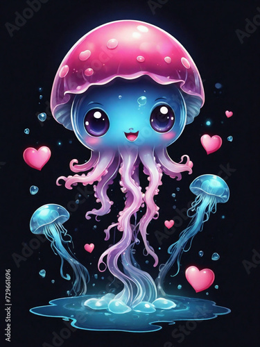 graphics of a jellyfish and hearts on a dark background