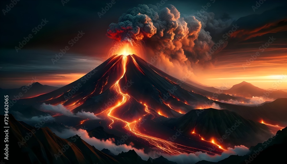 A powerful volcanic eruption captures the night, with lava streams flowing down the mountain, a massive ash plume rising into the sky, and a dramatic sunset in the background.

