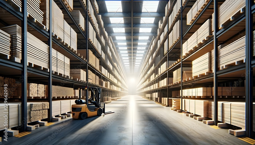 A forklift is moving along the aisle of a warehouse with high shelves stocked with neatly organized wooden materials, illuminated by natural light from the skylights above.

