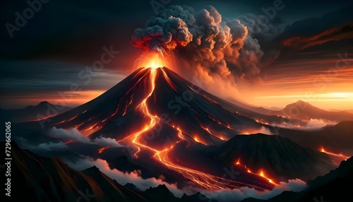 A powerful volcanic eruption captures the night, with lava streams flowing down the mountain, a massive ash plume rising into the sky, and a dramatic sunset in the background.
