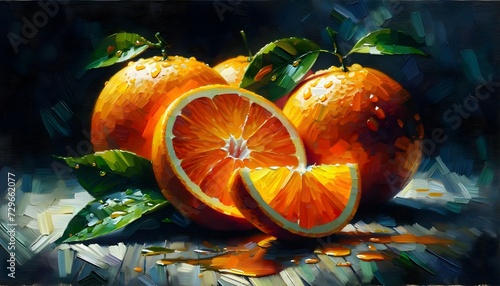 This image is a vibrant, textured painting of oranges with vivid orange hues and glistening water droplets, set against an abstract, dark background.


