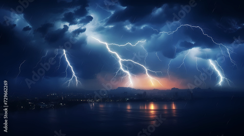 Lightning on the sky, gloomy ominous thunder and lightning background © ma