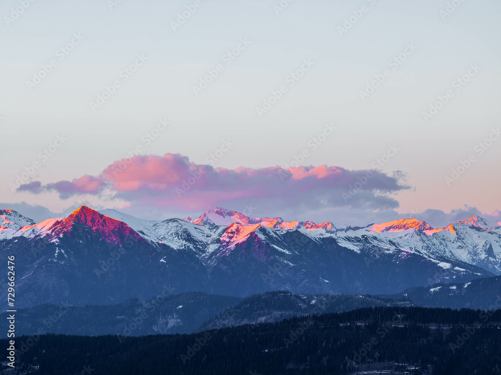 Sunset in the Austrian Alps, in stunning orange purple lights