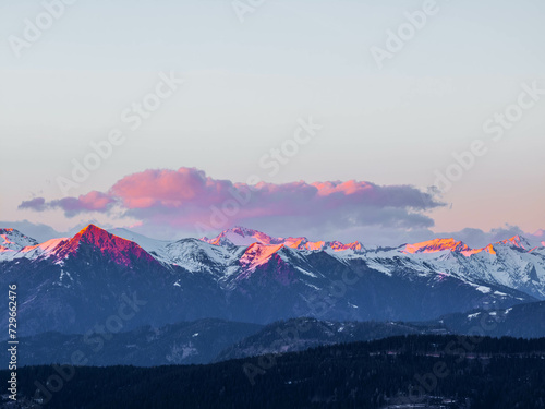 Sunset in the Austrian Alps, in stunning orange purple lights photo