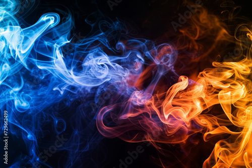 Mesmerizing smoke trails in vibrant orange and cool blue hues, intertwining in a dark background for a dramatic effect.
