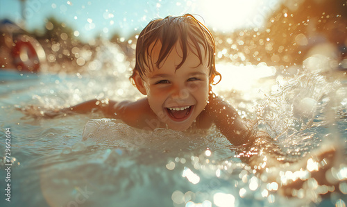 Happy young boy kid sliding down a water slide during summer holidays having fun against sun light