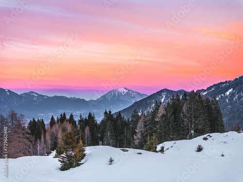 Austrian Mountain Winter Landscape in Twilight Lights