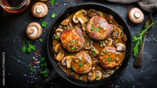 Pork medallions with mushroom gravy in cast iron pan over dark stone background. Top view, flat lay photo