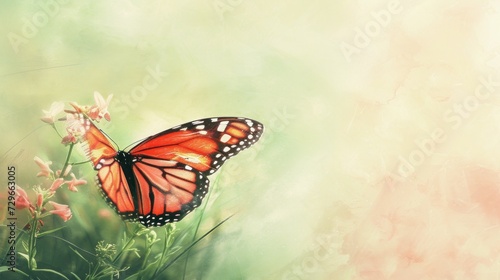  a butterfly sitting on top of a flower in front of a green and pink background with a blurry image of a butterfly on top of a flower in the foreground.