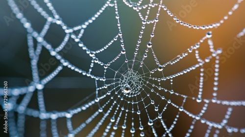  a close up of a spider web with drops of water on it's spider's web, with a blurry background of trees and blue sky in the background.