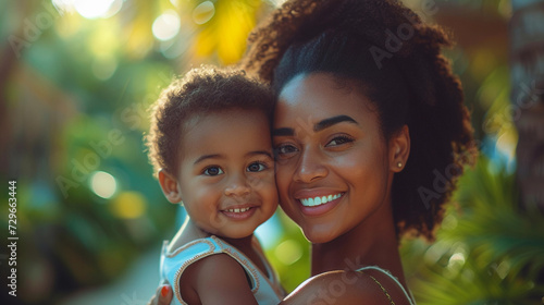 Obraz na płótnie mother with her daughter afroamerican people colors enjoying motherhood and childhood on Mothers Day and Childrens Day w salonie