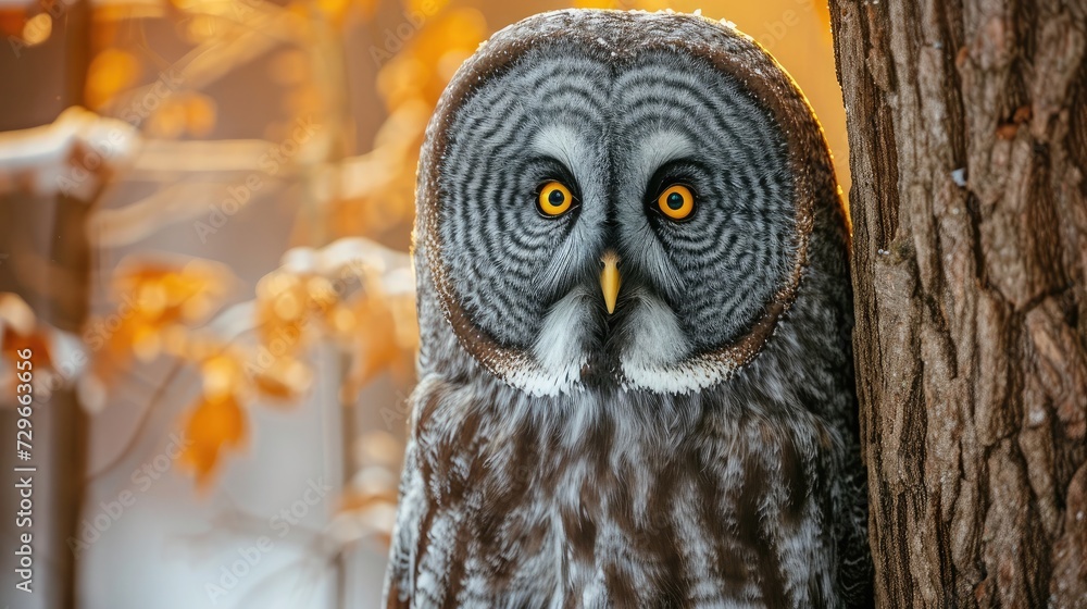 Portrait of Great grey owl, Strix nebulosa, hidden behind tree trunk in the winter forest, with yellow eyes. Portrait of Great grey owl, Strix nebulosa, hidden behind tree trunk in the winter forest, with yellow eyes.