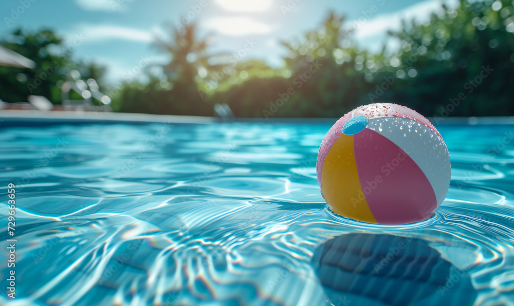 Summer holidays background with colorful beach ball floating on swimming pool and copy space