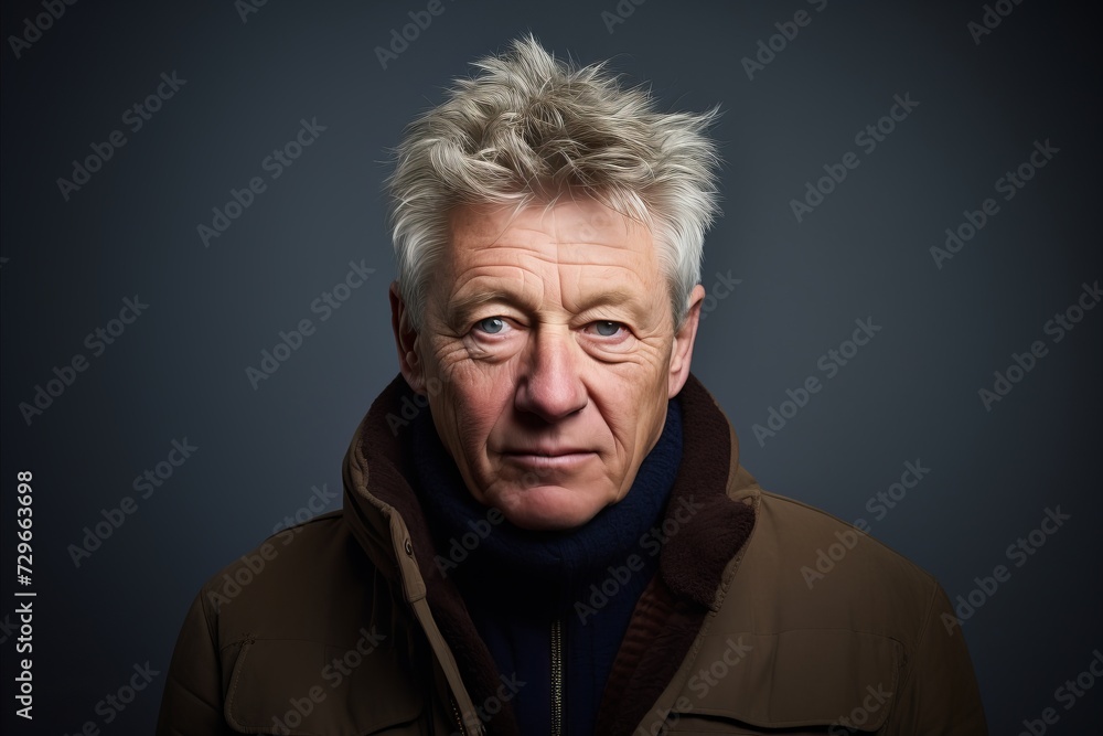 Portrait of a senior man wearing a coat and scarf over dark background. Portrait of a senior man wearing a coat and scarf over dark background.